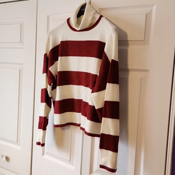 NWT New York & Company Maroon & Cream Striped Turtleneck Sweater - XL - Picture 2 of 4